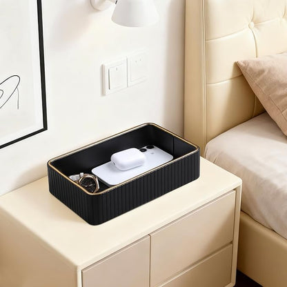 Desk Organizer Tray, PU Leather Valet Tray Nightstand Organizer Cologne Perfume Trays for Men Women, Decorative Vanity Trays Key Bowl Trinket Dish (Black, 9.5" x 6" x 2.2")