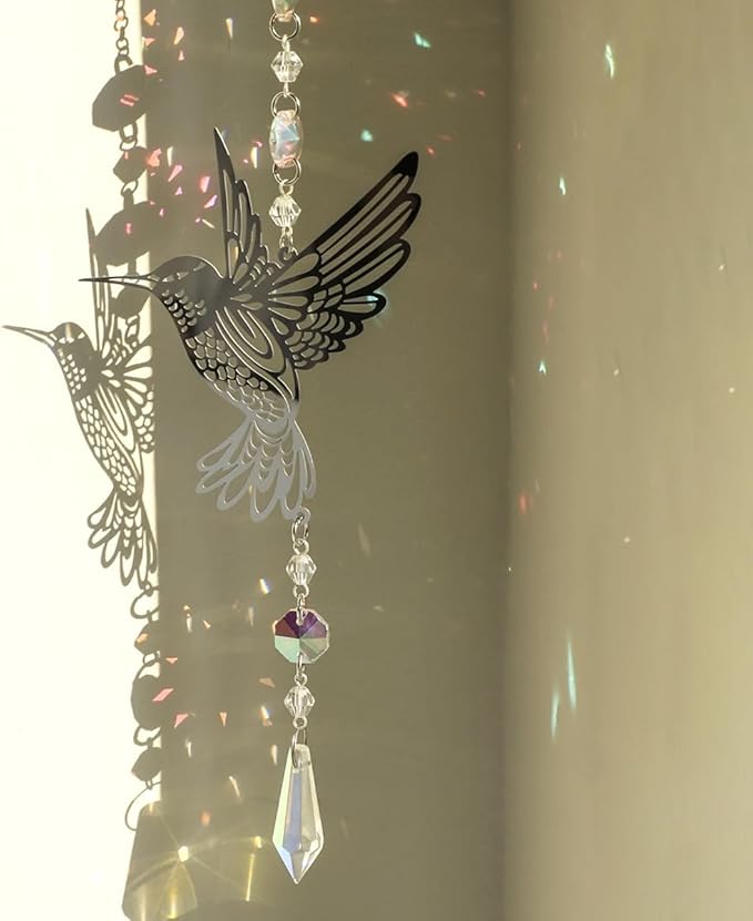 Artilady Suncatcher Hummingbird Wind Chimes for Outside Hanging Prism Crystal Sun Catchers Indoor Window Garden Porch Backyard Decor Birthday for Women Girls (Silver, 4 PCS)