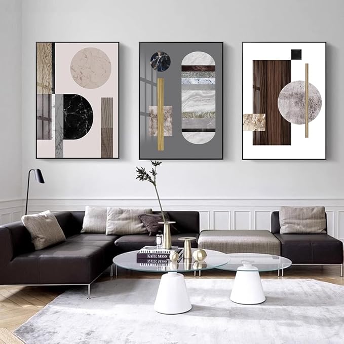 QKF Bright Extra Large Framed Canvas Wall Art For Living Room Wall Decor Home Modern Abstract Prints Large wall pictures geometric round square Wood Grain Brown（24"X32"X3 pieces）