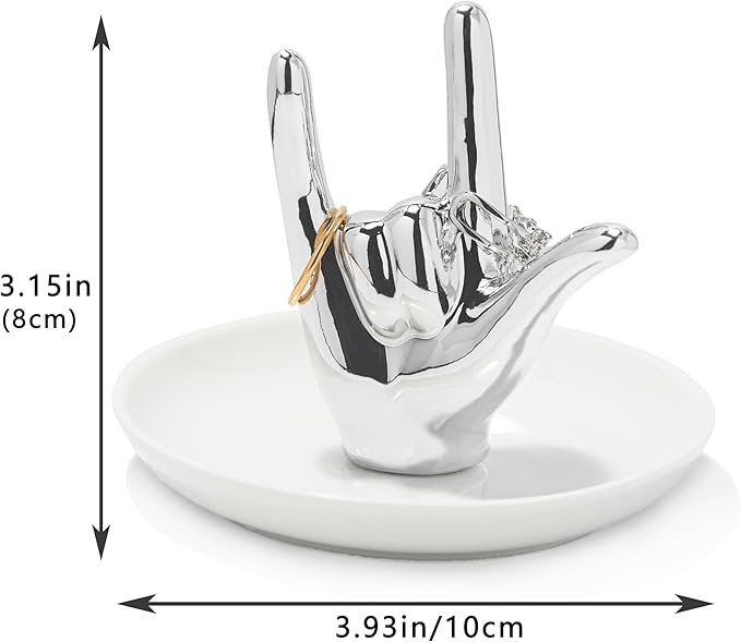 I LOVE YOU Hand Ring Holder - Ceramic Jewelry Holder Dish Trinket Tray for Rings, Earrings, Necklace Organizer - Engagement, Wedding, Christmas, Birthday Gifts (Silver)