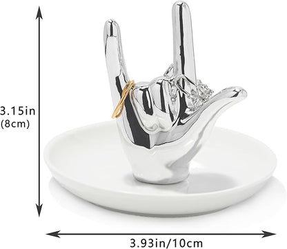 I LOVE YOU Hand Ring Holder - Ceramic Jewelry Holder Dish Trinket Tray for Rings, Earrings, Necklace Organizer - Engagement, Wedding, Christmas, Birthday Gifts (Silver)