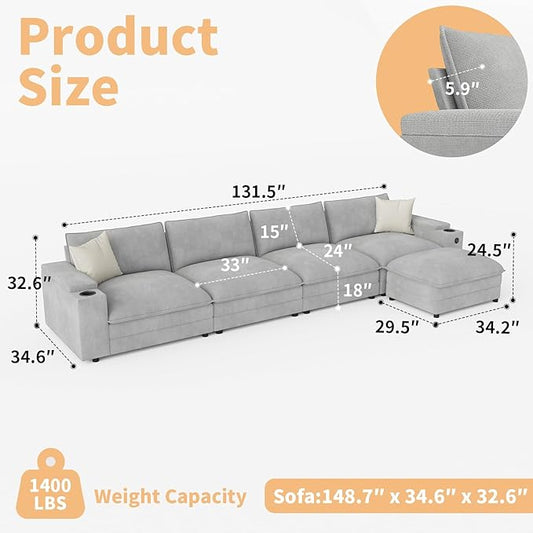 148.7" L Shaped Cloud Sofa Couch with Ottoman, Storage Armrest, Cup Holders, USB & Type-C Ports, Spring Cushions, Solid Wood Frame, Chenille Modular Sectional for Living Room (Light gray-L-148.7")