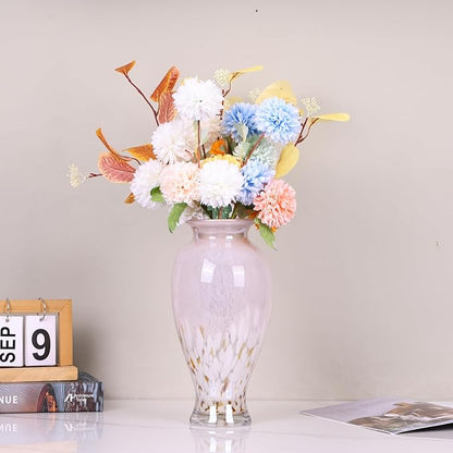 Hand Blown Glass Vase 11.8" Tall Beautiful Pink Sea Wide Mouth Bud Vase for Table Centerpiece, Painted Colorful Murano Glass Flower Vases for - Home Entrance Wedding Center