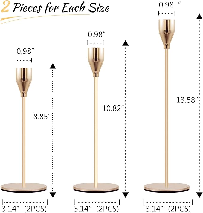 Set of 6 Candlestick Holders Gold Taper Candle Holders Tall Candle Sticks Holder Decor for Christmas, Wedding, Dinning, Anniversary, Party, Holiday
