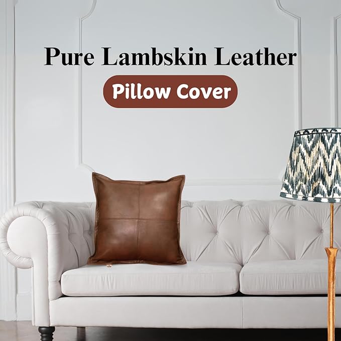 Lambskin Leather Pillow Cover - Sofa Cushion Case - Decorative Throw Covers for Living Room & Bedroom, 18x18 Inches - Dark Brown Antique Box Pack of 1