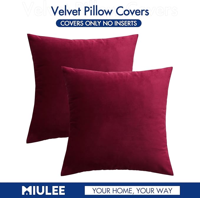 MIULEE Pack of 2 Velvet Soft Solid Decorative Square Throw Pillow Covers Christmas Cushion Case for Sofa Bedroom Couch,20x20 Inch Wine Red