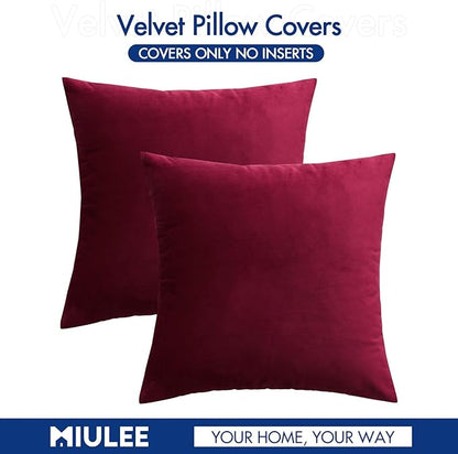 MIULEE 26x26 Inch Euro Sham Velvet Pillow Covers, Set of 2 Large Square Christmas Decorative Pillows -Wine Red Super Soft for King Bed, Sofa, Couch, Accent Chairs
