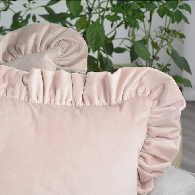 Velvet Ruffle Throw Pillow Covers Couch, Set of 2 Decorative Pillowcases with Ruffles 18x18 Inch Solid Color Shabby Chic Farmhouse Cushion Cover for Living Room Sofa Bed, Beige