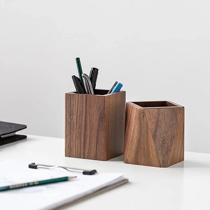 Sokelinn-six Walnut Wood Pen Holder, Wooden Pencil Holder Cups, Desktop Writing Stationary Organizer Office School Supplies GIfts