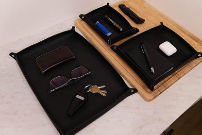 Valet Tray – Full-Grain Leather Catchall Organizer for Keys, Phone & Wallet – Rustic Nightstand & Desk Tray with Raised Sides – Handmade in USA (Black, Large Rectangle)