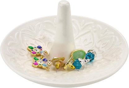 MyGift Decorative White Ceramic Ring Tray for Jewelry, Ring Cone and Trinket Tray with Raised Heart Design