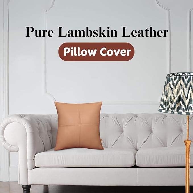 Lambskin Leather Pillow Cover, Hand Panel Stitched Leather Decorative Throw Pillow Covers for Couch Sofa Bed Living Room Garden (18x18 Inches, Beige Pack of 2)