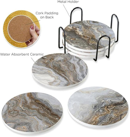 6Pcs Drink Coasters with Holder, Gray and Beige Marble Pattern Absorbent Ceramic Drink Coaster with Cork Base, Home Bar Table & Office Decor House Warming Gift