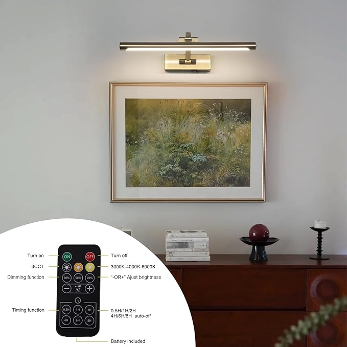 Antique Bronze LED Wireless Picture Lights for Wall Rechargeable, Battery Operated Art Light for Paintings, 3CCT Dimmable, 15.7 inch with Remote, Rotatable Gallery Light for Pictures Display