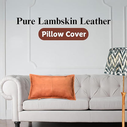 100% Lambskin Leather Pillow Cover - Sofa Cushion Case - Decorative Throw Covers for Living Room & Bedroom, 22X30 Inch - Gold Antique Box Pack of 2