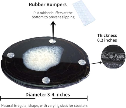 Black Agate Slices Bulk Geode Coasters Set of 4 with Rubber Bumpers - Unique 3-4 Inch Dyed Stone Drink Crystal Coasters for Home Decor, Coffee Table, Bar Accessories