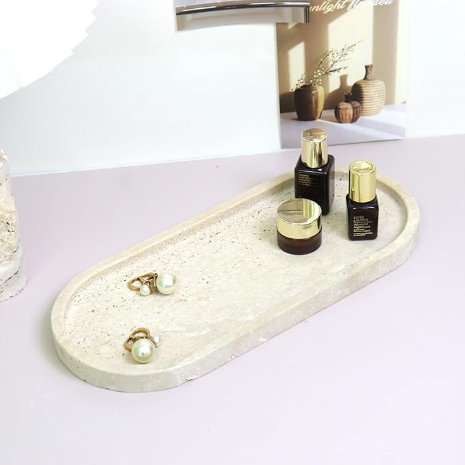 OOBOOB Oval Natural Marble Bathroom Tray for Decor Countertop, Marble Vanity Tray for Candles Perfume, Jewelry, Cosmetics, Elegant Vanity Organizer for Jewelry, Perfume