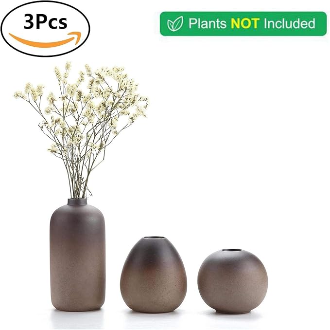 ComSaf Small Ceramic Flower Bud Vases Set of 3, Modern Style Simple Design Metallic Gradually Varied Brown Color Elegant Home Office Living Room Table Desk Decoration for Wedding Home Visit