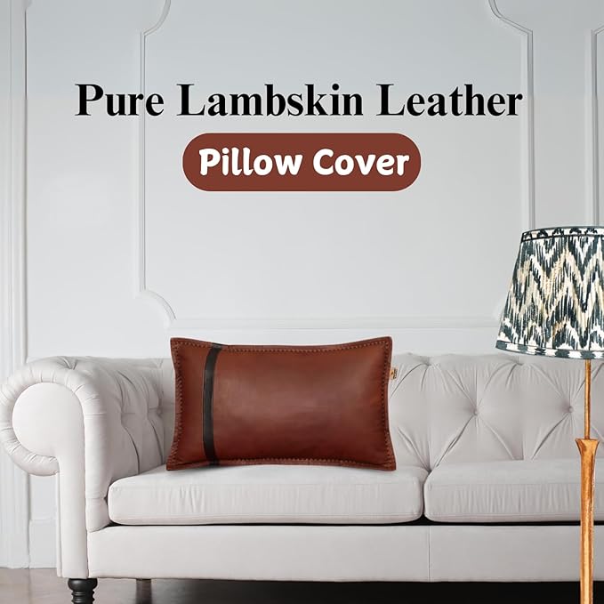 Genuine Lambskin Leather Pillow Cover, 12x20 Inch Case for Lumbar Throw Couch Pillows, Thick & Soft Cushion Covers for Sofa Bed Home Decor (Dark Brown & Black Box Pack of 2)
