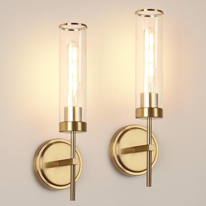 Wall Sconces Set of Two,Modern Bathroom Sconces Wall Lighting 16" 60W Brushed Gold Sconces Wall with Clear Glass Shade for Living Room Corridor Mirror Bedroom Stairs