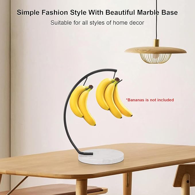 Livabber Banana Holder with Marble Base, Metal Banana Hanger Modern Tree Stand with Hook, Stylish Banana Keeper Fresh Fruit Storage Organizer Freestanding for Kitchen Countertop (Black, Double Hook)