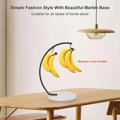 Livabber Banana Holder with Marble Base, Metal Banana Hanger Modern Tree Stand with Hook, Stylish Banana Keeper Fresh Fruit Storage Organizer Freestanding for Kitchen Countertop (Black, Double Hook)