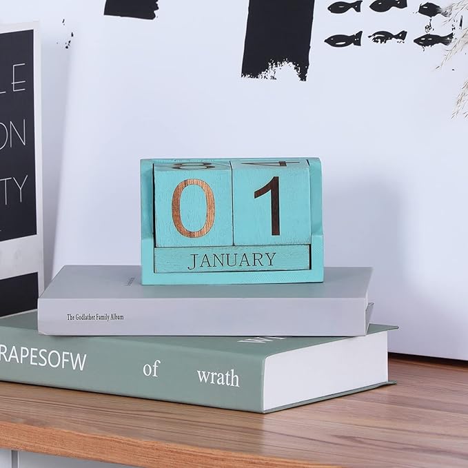 Wooden Desk Calendar,Desk Calendar Blocks for Teachers,Office Perpetual Date Block Small Home Desktop Decor Chic Vintage Month with Number Cubes Display Rustic Decoration(Ocean Blue)