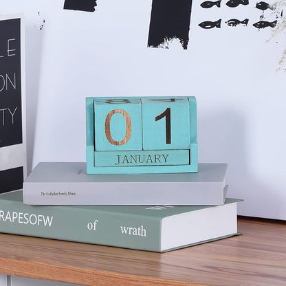 Wooden Desk Calendar,Desk Calendar Blocks for Teachers,Office Perpetual Date Block Small Home Desktop Decor Chic Vintage Month with Number Cubes Display Rustic Decoration(Ocean Blue)
