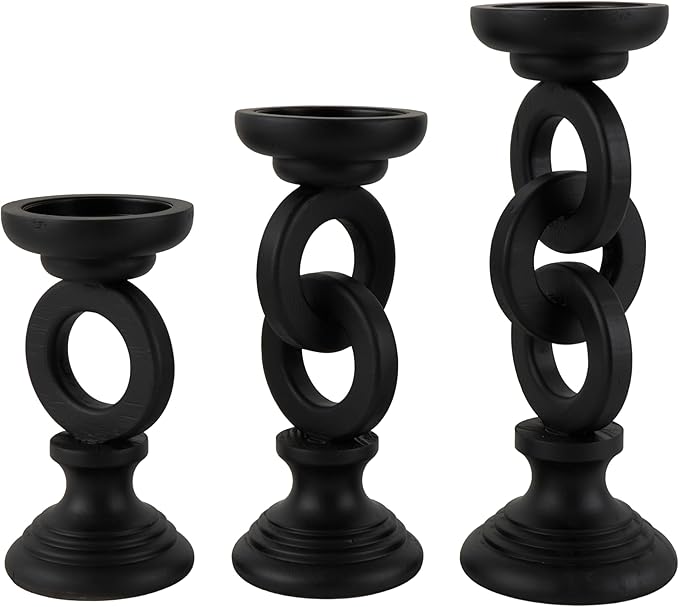 Deco 79 Wooden Decorative Candle Holder Chain Link Candle Stand, Set of 3 Candlestick Holder 13", 11", 9" H, Black
