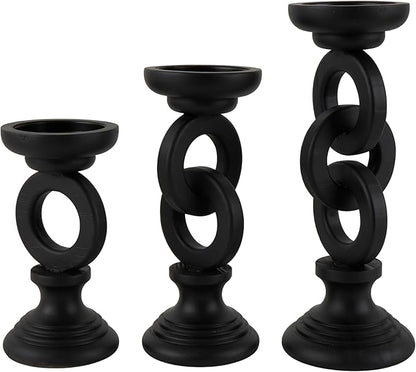 Deco 79 Wooden Decorative Candle Holder Chain Link Candle Stand, Set of 3 Candlestick Holder 13", 11", 9" H, Black