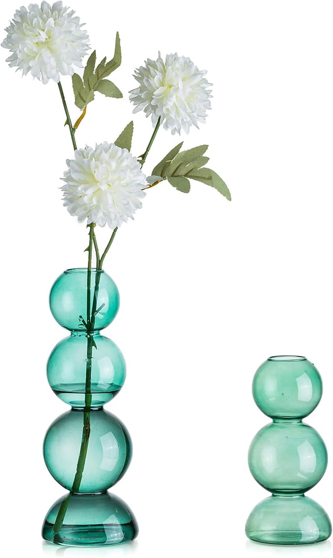 Glasseam Round Bubble Vase for Flowers, Small Green Vase Set of 2, Blown Glass Vases for Decor, Cute Unique Bud Vase, Aesthetic Single Flower Vase, Hydroponic Plant Vase for Dining Table Decorations