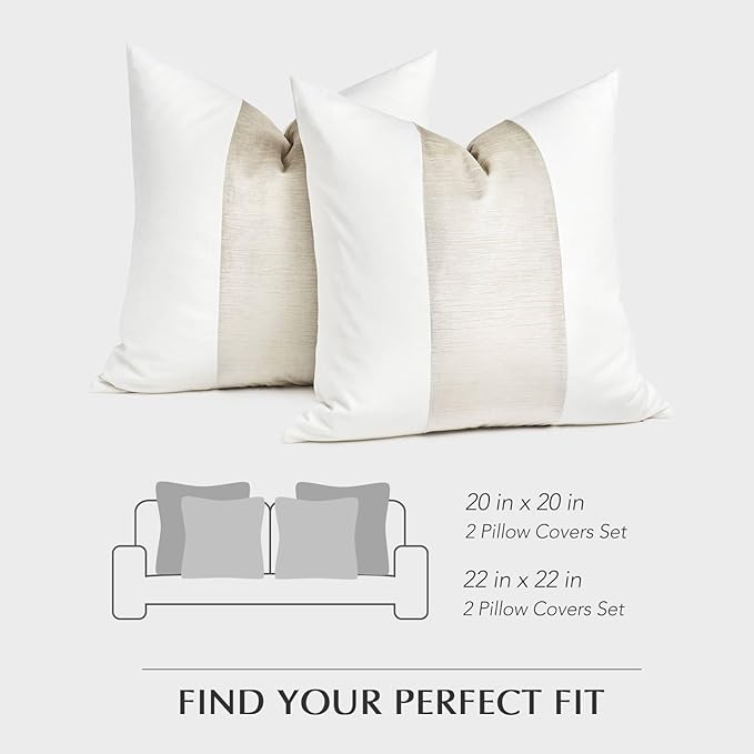 EVERGRACE x Kinsey Walsh Signature Velvet Panel Cotton Pillow Covers Set of 2, Decorative Pillow Covers 20"x20" for Couch, Square Cushion Cases for Sofa Bedroom Living Room, Off White Pearl