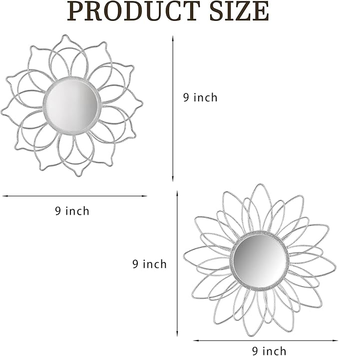 Silver Mirrors for Wall, 9 inch Metal Flower Mirrors Home Christmas Decoration, Christmas Wall Art Decorative Mirror Small Mirror for Living Room Bedroom, Entrance Set of 3