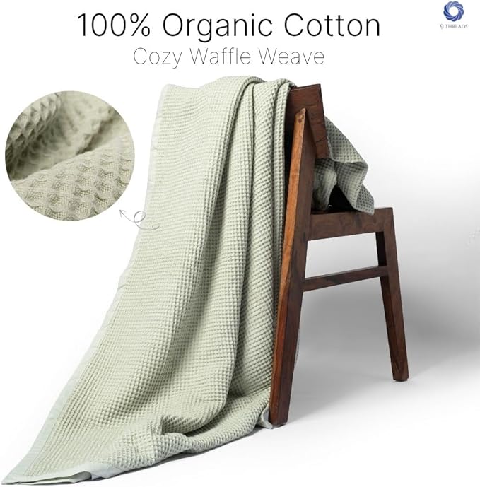 GOTS Certified Organic Cotton Waffle Weave Blanket, Throw Bed Size, 50"X60"Cozy Throw Blanket for Couch, Modern Home Decor, Throw Blankets,Comfy Waffle Blanket Soft Bed Blankets -Sea Foam