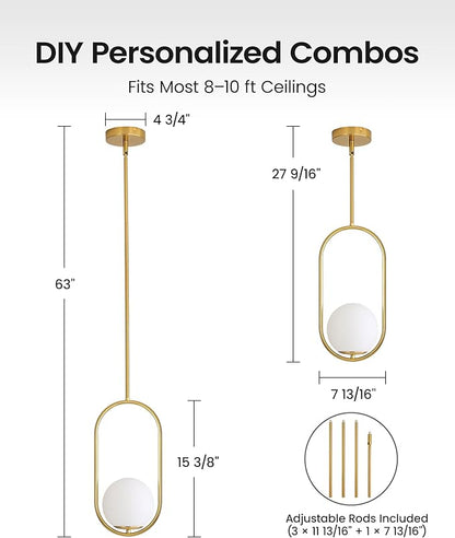 Yunnix Pendant Lights Kitchen Island, Pendant Light Fixtures, Modern Gold Globe Glass Pendant Lighting, Brass Mid Century Chandelier One Light for Bathroom Bedroom Dining Room(Bulb Not Included)