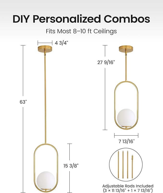 Yunnix Pendant Lights Modern Gold Globe Pendant Light Kitchen Island Dining Room Light Fixture Pendant Lights for Bedroom Pendant Light Fixture One Light (Bulb Not Included) 2 Pack
