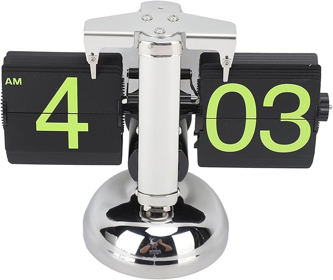 FOSA Flip Clock Retro Mechanical Digital Minimalist 12H Battery Operated Stainless Steel Desk Clock for Home Office Living Room (Stainless Steel Green Number)