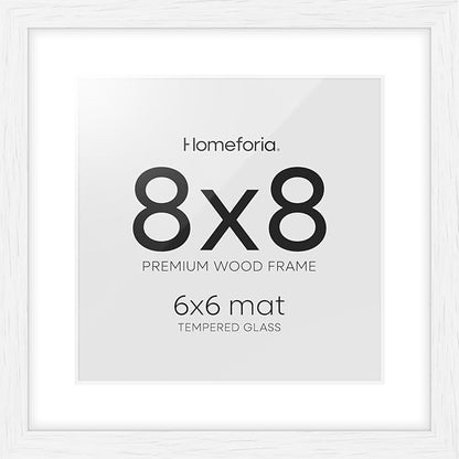 Homeforia 8x8 Picture Frames White, High-End Oak 8 x 8 Square Wood Frame with Mat 6 by 6 Photo, 8x8 Wooden Frames Matted to 6x6 Print, 8by8 Wall or Tabletop Frame, Tempered Glass, Wall Kit, Set of 1
