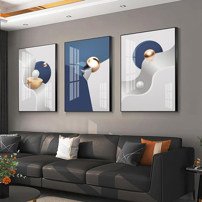 QKF Large Frame Canvas Wall Art Glossy Blue Geometry Modern Living Room, Bedroom, Office Fashion Wall Decoration 3-piece Set of Poster Prints 24 "X 32"