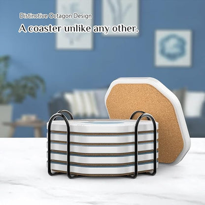 UMIRRO Ceramic Stone Coasters for Drinks Absorbent with Holder, Coastal Themed Design for Beach Lovers, Ocean Inspired Stoneware Cup Coasters for Wooden Coffee Table, 4", Octagonal, Blue, 6 Pack