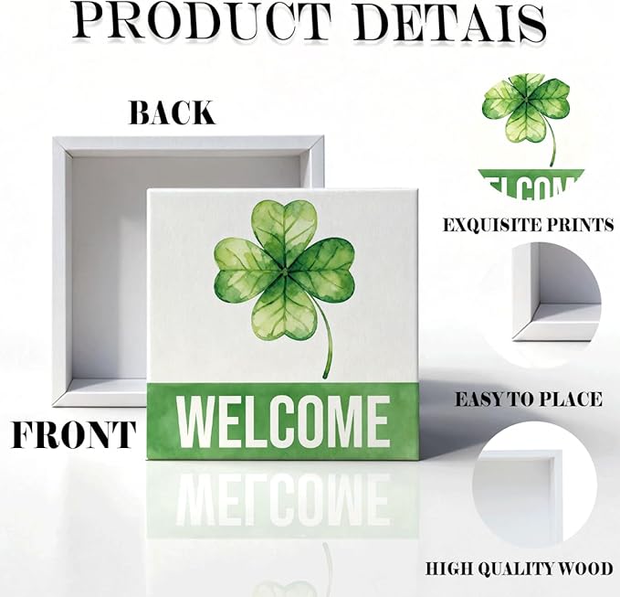 St Patrick's Day Welcome Decor Wooden Box Sign, Green Shamrock Tabletop Welcome Sign for Home Entryway Shelf Desk, Minimal Farmhouse Holiday Wooden Decoration for Spring Irish Theme 5 x 5 Inches