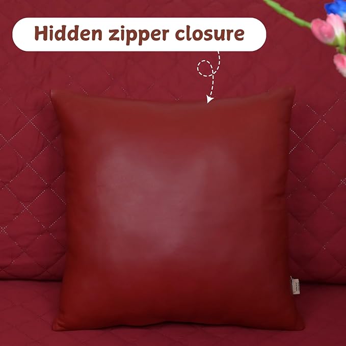 Lambskin Leather Pillow Cover, Hand Panel Stitched Leather Decorative Throw Pillow Covers for Couch Sofa Bed Living Room Garden (18x18 Inches, Reddish Brown Pack of 2)