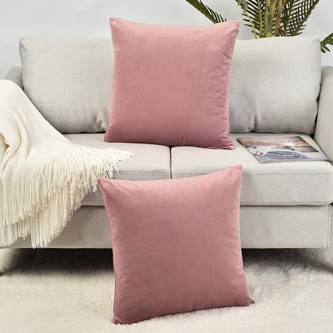 Set of 2 Comfortable Throw Pillow Cover for Bedding, Decorative Accent Cushion Sham Case for Couch Sofa, Soft Solid Velvet with Zipper Hidden - 16"x16", Mauve Pink