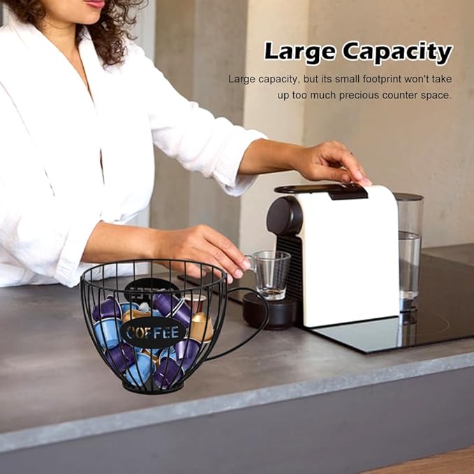 Coffee Pod Holder Large Capacity K Cup Holder for Counter,Coffee Filter Holder Black Wire Coffees Storage Basket for Kitchen Countertop,Coffees Bar,Coffe-e Station Organizer