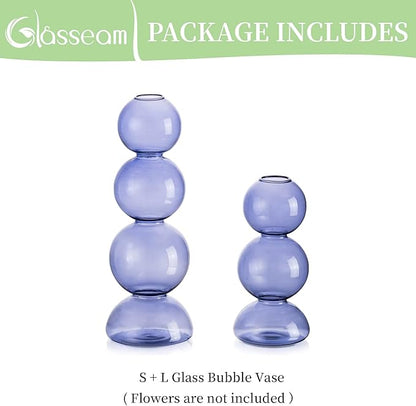 Glasseam Bubble Glass Vase Set of 2, Light Blue, Aesthetic Decorative Vases for Home Decor, Centerpieces, Round Bud Vases for Dining Table Decorations