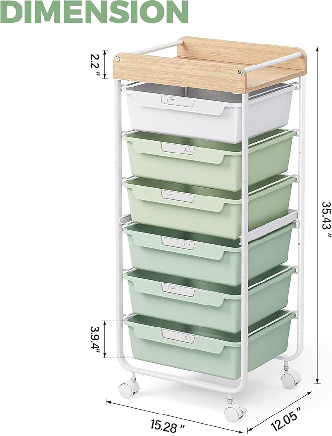 Rolling Storage Utility Cart With 6 Drawers,Art Supply Craft Organizer,Sewing Makeup Organizer And Storage,Office Organization Wooden Tabletop,Green