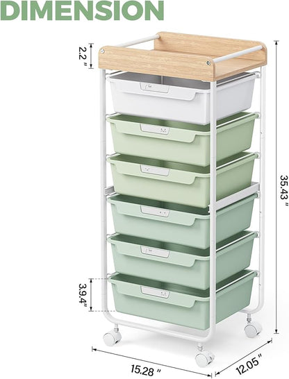 Rolling Storage Utility Cart With 6 Drawers,Art Supply Craft Organizer,Sewing Makeup Organizer And Storage,Office Organization Wooden Tabletop,Green