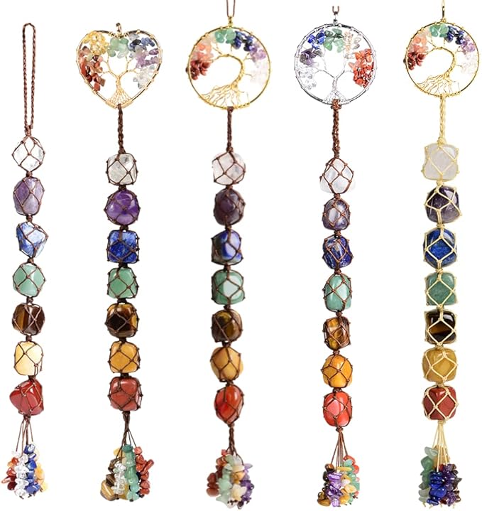 Anjiucc 7 Chakra Stone Healing Crystal Tree of Life Wall Hanging Home Interior Decoration，Window Decoration，Yoga Meditation