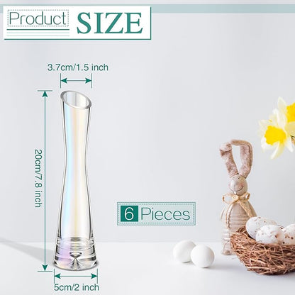 Lallisa 6 Pcs Glass Bud Vases for Centerpieces Maria Modern Clear Small Skinny Decorative Single Flower Bud Vase for Wedding Party Event Home Office Decoration(7.87 Inch,Iridescent)