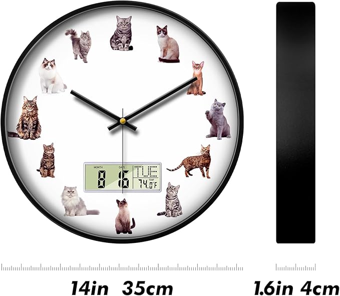 Large Display Modern LCD Clock with Calendar and Date Temperature Funny Cats Silent Battery Operated Digital Wall Clocks Non-Ticking Clock for Bathroom Kitchen Bedroom Living Room Decor 14 Inch